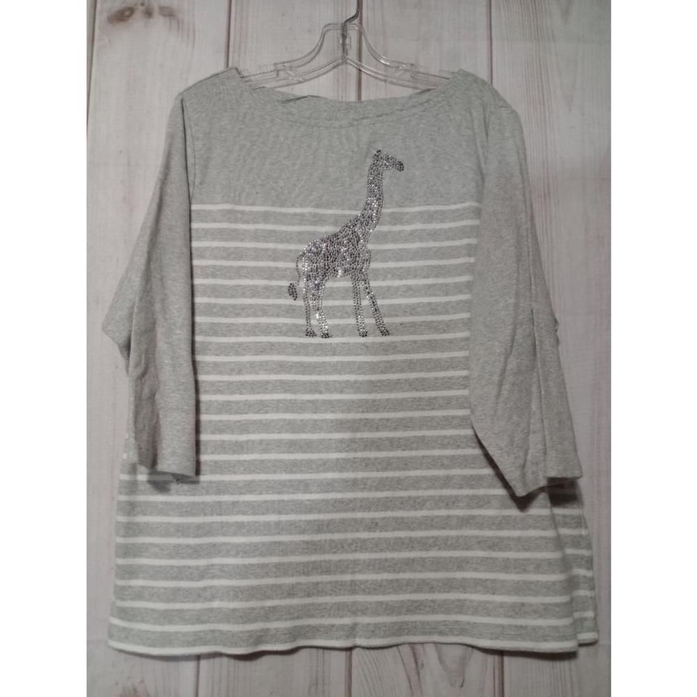 Karen Scott Woman Grey Striped Rhinestone Giraffe 3/4 Sleeve Cotton Top 2X
